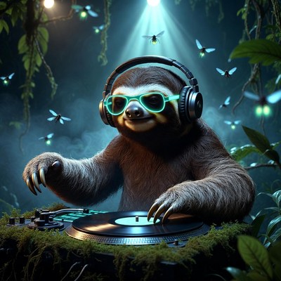Sloth as a dj in the forest