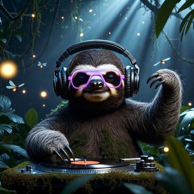 Sloth enjoys music in the jungle