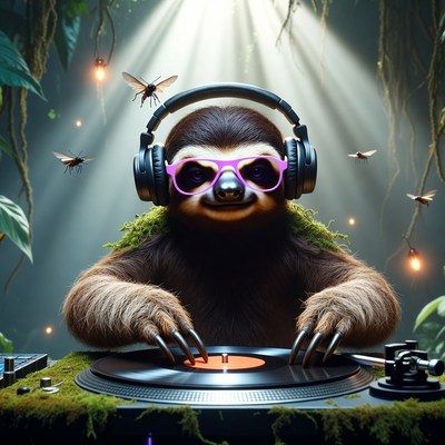 Sloth dj in forest at night