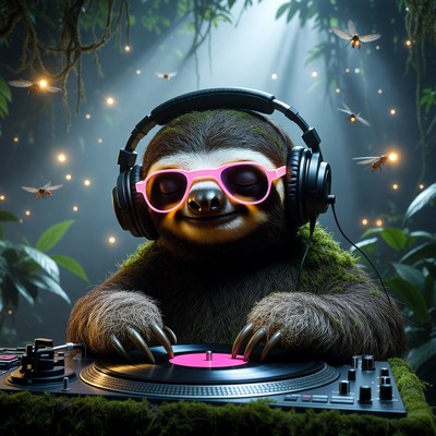Sloth enjoys music in the forest