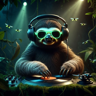 Sloth djs in jungle setting