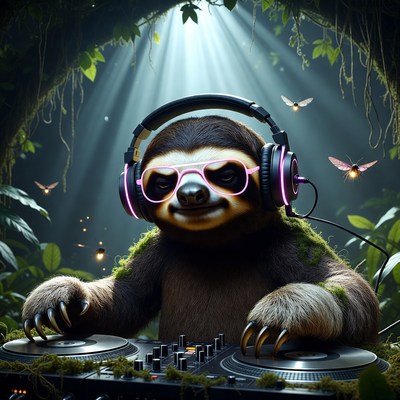 Sloth dj in the jungle at night