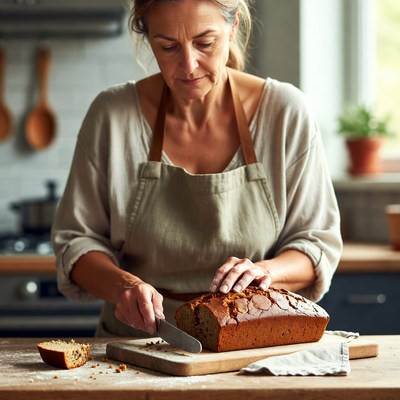 Woman slicing homemade bread in kitchen