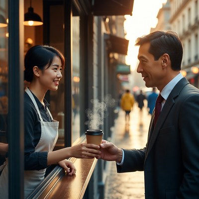 Coffee exchange at sunset