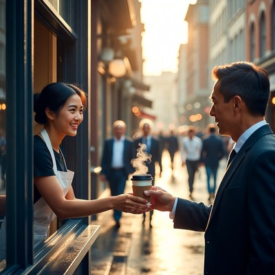 Barista serves coffee to customer on street
