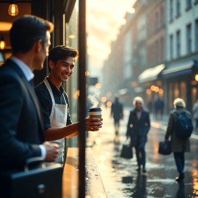 Barista serves coffee on rainy street