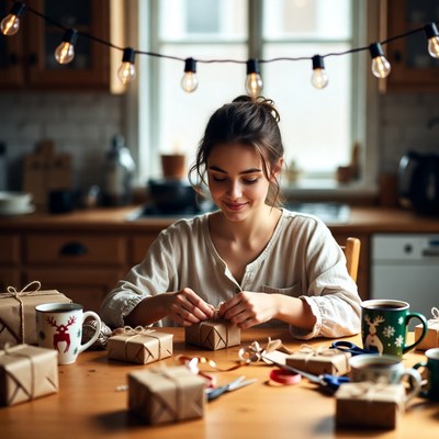 Wrapping gifts in a cozy kitchen