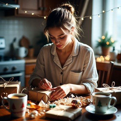 Wrapping gifts at home on a cozy day
