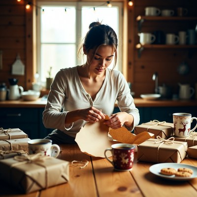 Woman wraps gifts in cozy kitchen