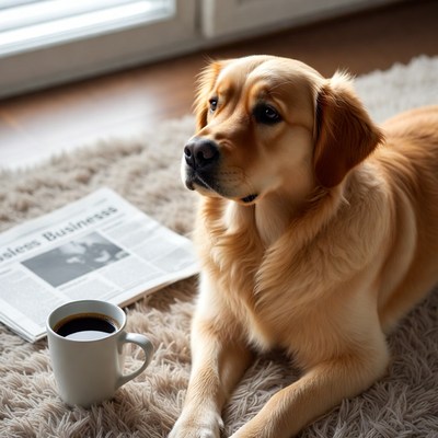 Golden retriever relaxing with coffee