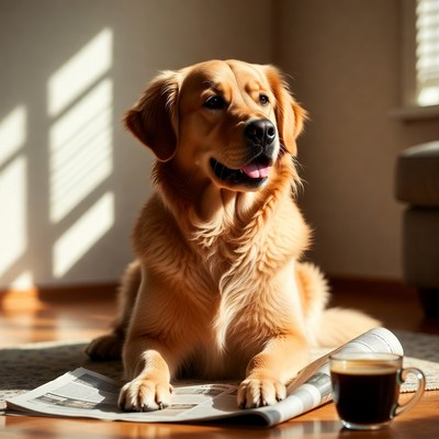 Dog relaxing with newspaper and coffee