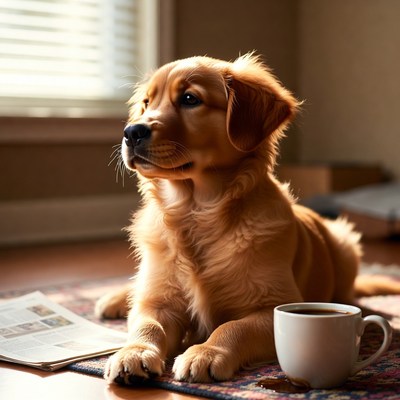 Golden retriever resting with coffee