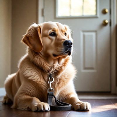 Golden retriever waits by door