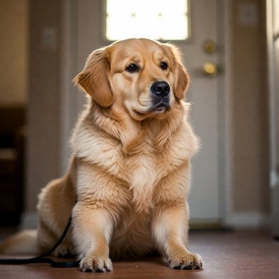 Golden retriever waiting indoors
