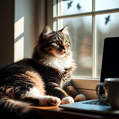 Cat sits by window watching birds