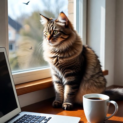 Cat by the window with coffee