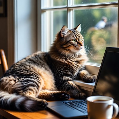 Cat sitting by window with laptop