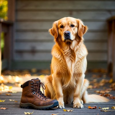 Golden retriever sits by boot
