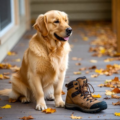 Golden retriever sits by boot on leaves