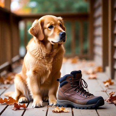 Dog sitting next to hiking boot