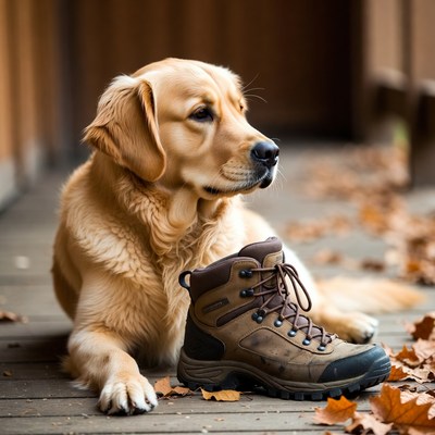 Dog sits next to hiking boot