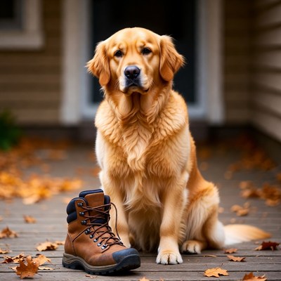 Dog sits beside a boot in autumn