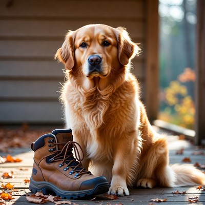 Golden retriever sits next to hiking boot