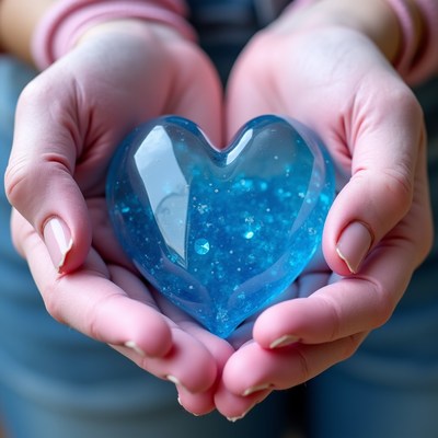 Hands hold blue heart-shaped object