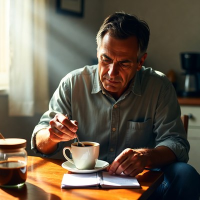 Man enjoys coffee and writes notes