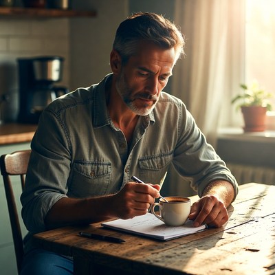 Man writing in notebook with coffee in morning