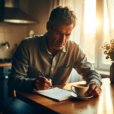 Man writing notes at home