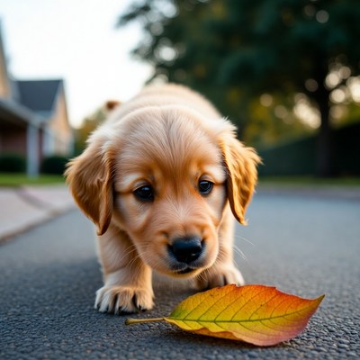 Golden retriever puppy explores leaf