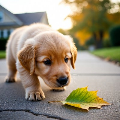 Puppy explores a fallen leaf