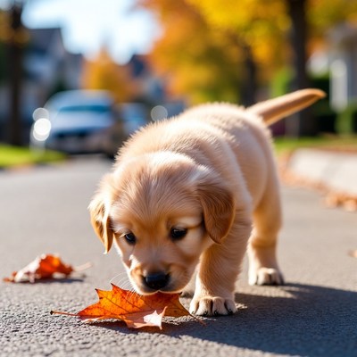 Golden puppy explores the street