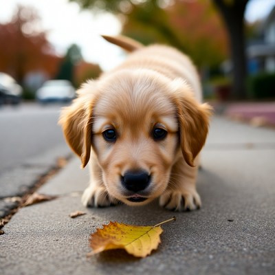 Puppy exploring a fallen leaf