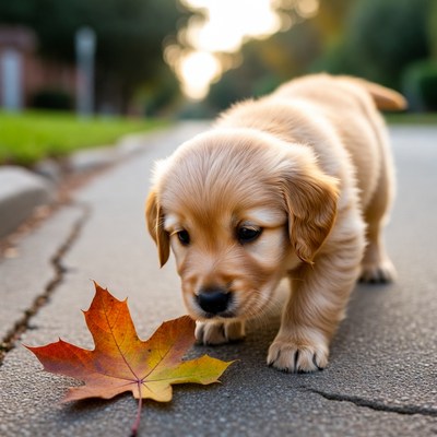 Puppy explores a leaf on the street