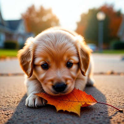 Golden puppy playing with leaf in autumn light