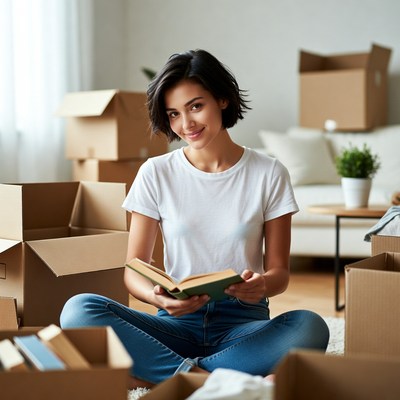 Reading while unpacking boxes at home