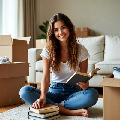Smiling woman reading in new home