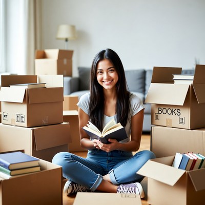 Woman reading in moving boxes