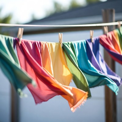 Colorful fabrics drying in sunlight
