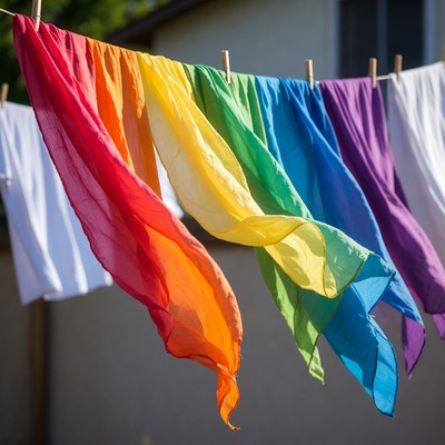 Colorful fabrics hang on a line