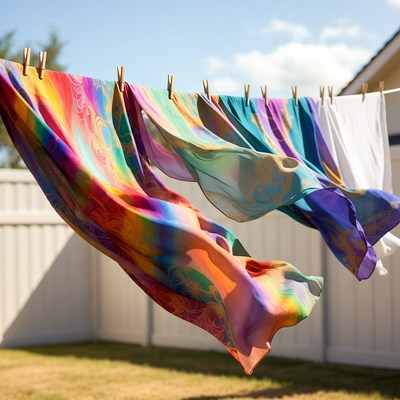 Colorful fabrics drying in sunlight
