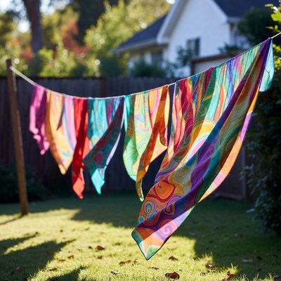 Colorful scarves drying in sunlight