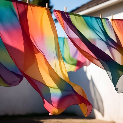 Colorful fabric drying in sunlight
