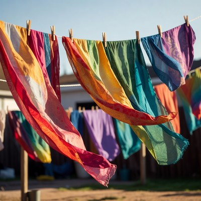 Colorful scarves drying outside in sunlight