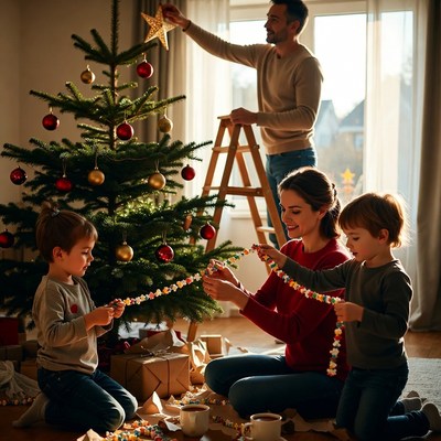 Family decorating for christmas at home