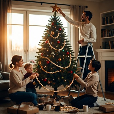 Family decorating the christmas tree together