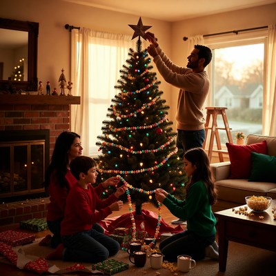 Family decorates christmas tree together