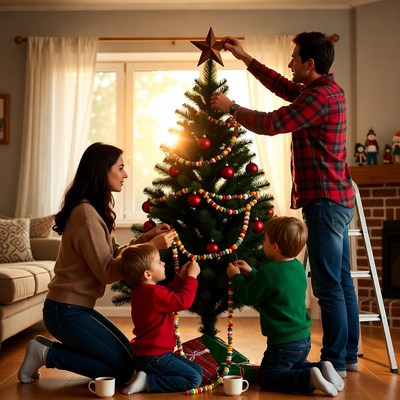Family decorates christmas tree together